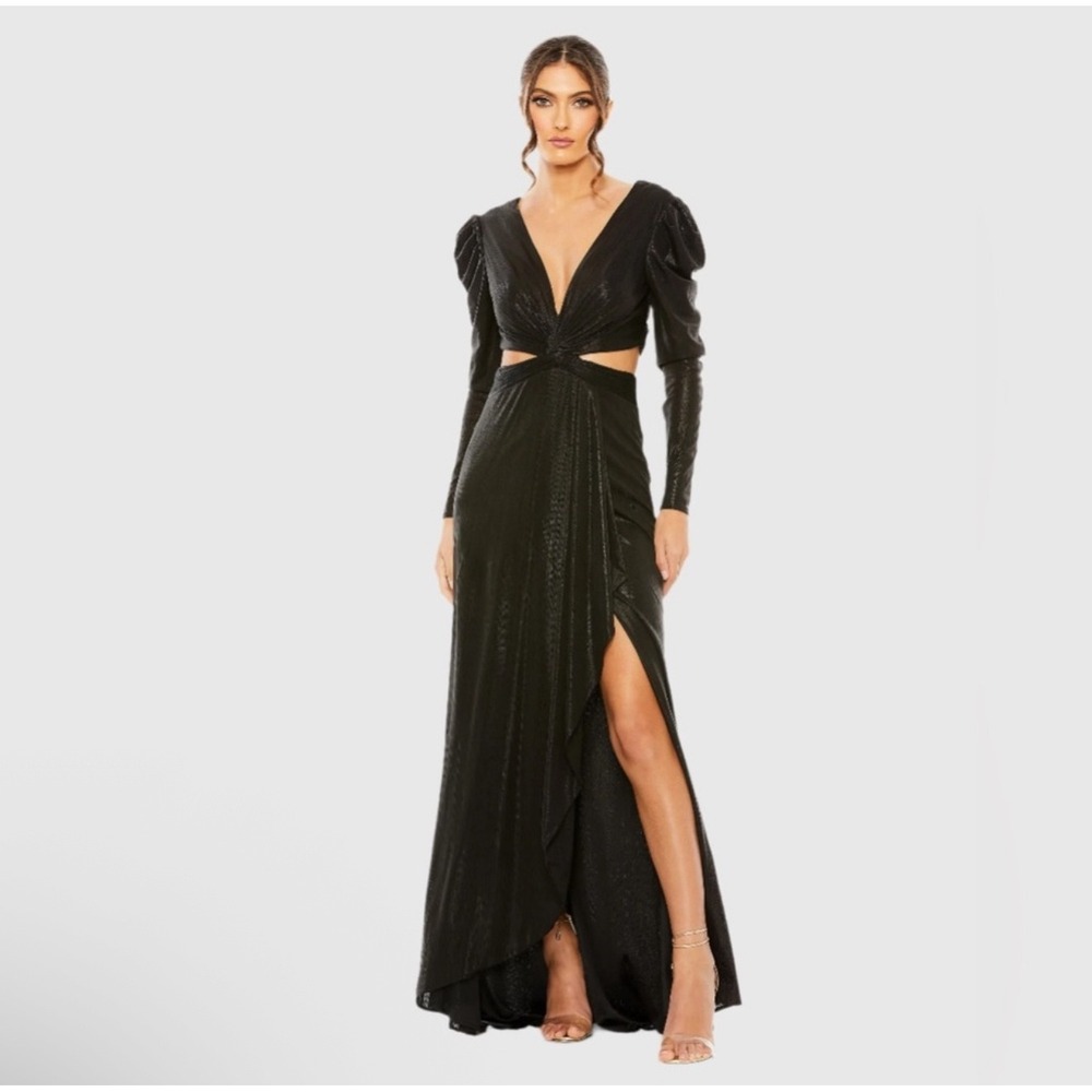 NWT IEENA FOR MAC DUGGAL
Black Princess Sleeve Cut Out Metallic Gown 27060 $498
